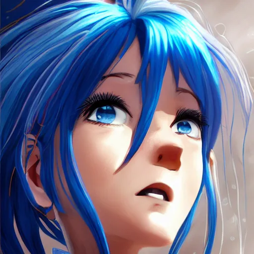 Image similar to side profile of rimuru tempest with sky blue hair, ponytail, gold eyes, black jacket with white stripes and a high collar, detailed face | highly detailed, roman city | professional digital art, concept art, award winning photography, cinematic, wlop | art by pixiv art, ilya kuvshinov, greg rutkowski, yoshitaka amano