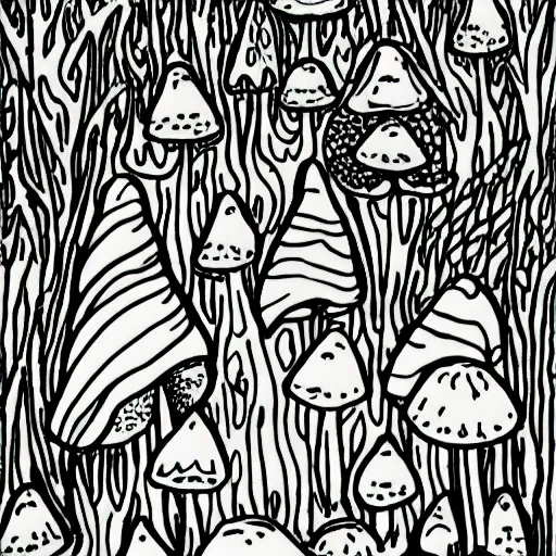 Prompt: an adult coloring page of toadstools in the forest