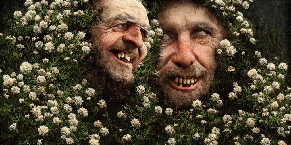 Prompt: old alpine famers head being overgrown by edelweiss, smiling, dolomites, dark, eerie, despair, portrait photography, artstation, digital art, adward winning, concept art, artstation, highly detailed, sharp focus, by caravaggio