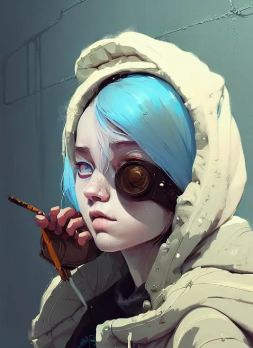 Image similar to highly detailed portrait of a sewer punk swedish young lady, hoodie, white hair by atey ghailan, by greg rutkowski, by greg tocchini, by james gilleard, by joe fenton, by kaethe butcher, gradient light blue, blonde, brown, cream and white color scheme, grunge aesthetic!!! ( ( graffiti tag wall background ) )