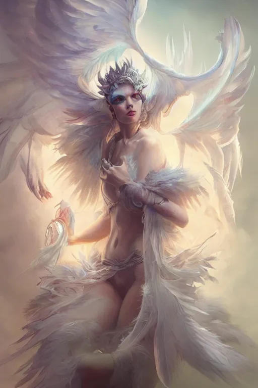 Image similar to beautiful ghost model wearing crystal white feathers, holding books, fantasy, dramatic lighting, highly detailed, digital painting, magic the gathering, hyper detailed, 3 d render, hyper realistic detailed portrait, peter mohrbacher, wlop, ruan jia