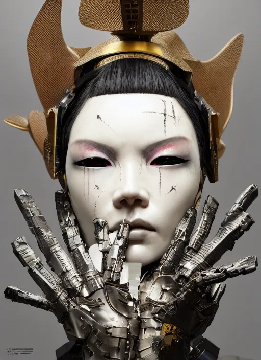 Image similar to close up portrait of a futuristic geisha cyborg, in the style of ghost in the shell, kintsugi, modern fine art, fractal, intricate, elegant, highly detailed, digital photography, subsurface scattering, by erwin olaf and greg rutkowski,