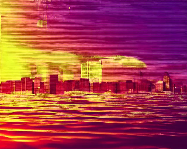 Prompt: a cityscape in the water, serene emotion, jellyfish elements, polaroid, glitched, red, yellow, purple, sun rays