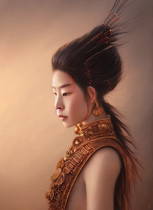 Image similar to a beautiful detailed oil on copper art illustration of a japanese namanari mask woman, centered, by charlie bowater, zeng fanzh, trending on artstation, dim dusk lighting, cinematic lighting, detailed lighting, volumetric lighting, realistic, f 8, 4 k hd wallpaper