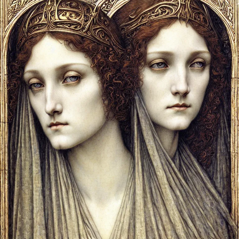 Image similar to detailed realistic beautiful young medieval queen face portrait by jean delville, gustave dore and marco mazzoni, art nouveau, symbolist, visionary, gothic, pre - raphaelite. horizontal symmetry