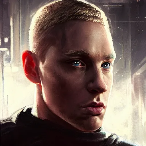 Image similar to portrait of eminem as a shocked man by greg rutkowski, he is about 3 0 years old, short blond hair, athletic and strong, straight jaw, wearing futuristic timepunk space gear, highly detailed portrait, digital painting, artstation, concept art, smooth, sharp foccus ilustration, artstation hq.