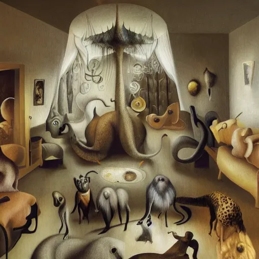 Image similar to group of creatures with distinct personalities, intertwined in an urban hotel room, several mirrors to other dimensions : : surreal architecture, chiaroscuro lighting, mysterious atmosphere : : a beautifully executed oil painting by leonora carrington, hieronymus bosch and james jean, ultra - detailed technical precision : : matte painting, high definition 3 d render, unreal engine