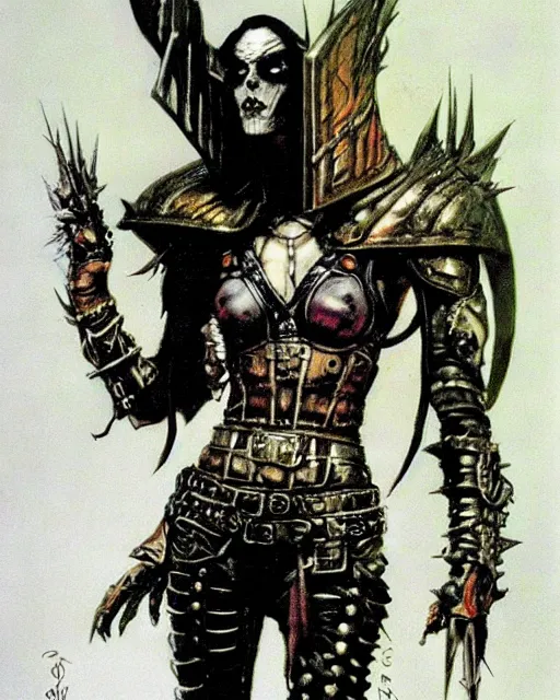 Image similar to portrait of an androgynous skinny punk goth sorcerer wearing armor by simon bisley, john blance, frank frazetta, fantasy