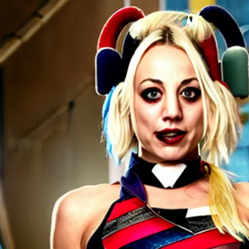 Image similar to A still of Kaley Cuoco as Harley Quinn