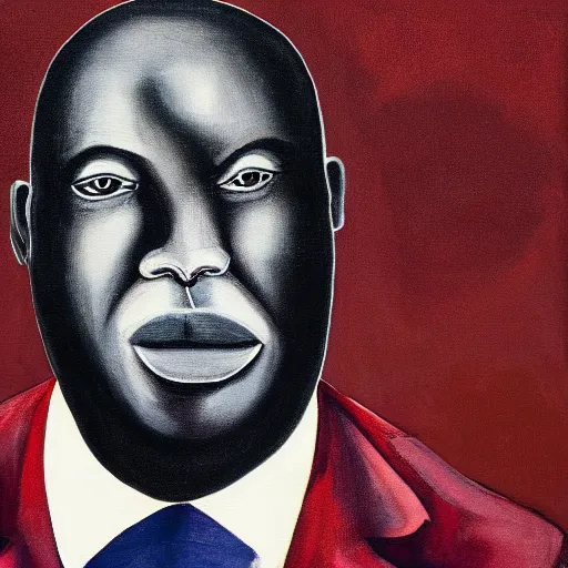 Prompt: a painting of a loving, caring fatherly wide forehead, aquiline nose, round face, XXL , generous, ever-present, humble, wise elder from Kenya in a silver suit and red tie by Kara Walker . Fatherly/daddy, focused, loving, leader, relaxed. Gold background, heavenly lights, details, smooth, sharp focus, illustration, realistic, cinematic, artstation, award winning, rgb , unreal engine, octane render, cinematic light, macro, depth of field, blur, light and clouds, highly detailed epic cinematic concept art CG render made in Maya, Blender and Photoshop, octane render, excellent composition, dynamic dramatic cinematic lighting, aesthetic, very inspirational, arthouse.