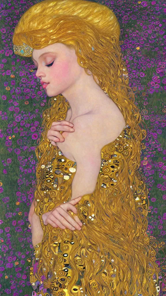 Image similar to a soft and breathtaking detailed painting of a full body sleeping blonde princess in the style of Gustav Klimt, blonde hair, shiny gold, elegant, highly detailed, artstation, fluo colors, concept art, matte, sharp focus, art by Gustav Klimt