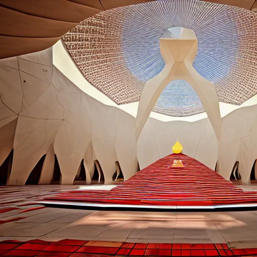 Image similar to interior of a futuristic lotus temple with gold, red and white marble panels, in the desert, by buckminster fuller and syd mead, intricate contemporary architecture, photo journalism, photography, cinematic, national geographic photoshoot