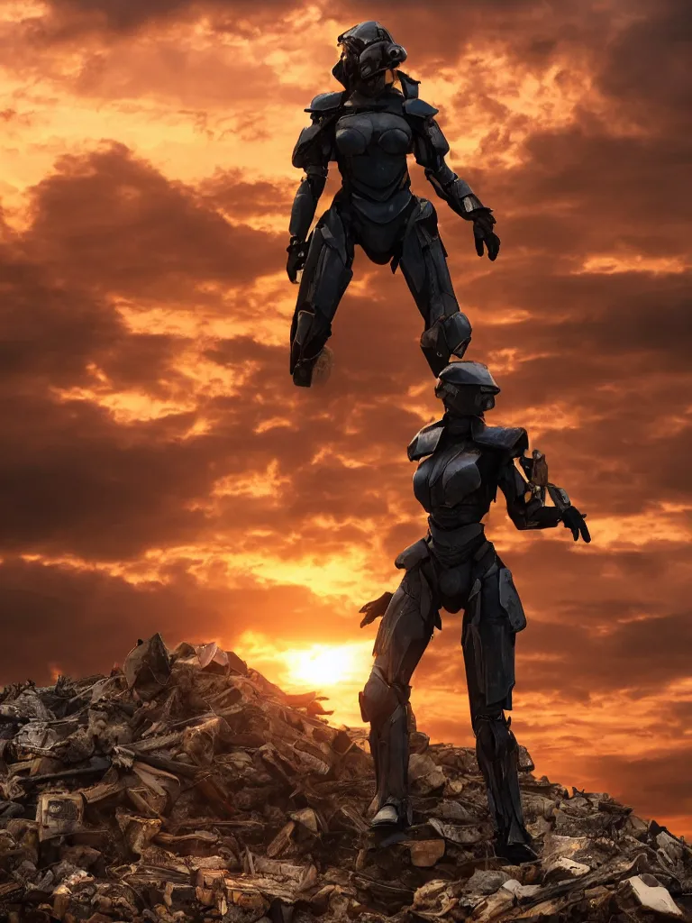 Image similar to emily blunt in futuristic power armor, solitary figure standing atop a pile of rubble, sunset and big clouds behind her