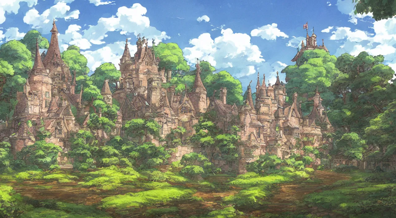 Image similar to a landscape painting of a British castle, with a garden, in the style of anime, by Studio Ghibli, trending on artstation