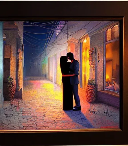 Image similar to lovers in the dark. art by salman toor. global illumination, radiant light, detailed and intricate environment, atmospheric light, cinematic, saatchi art