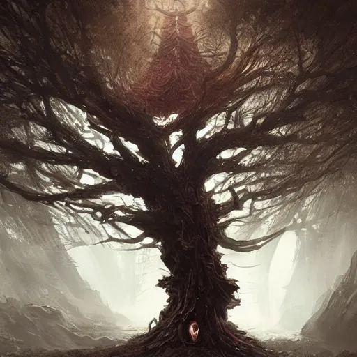 Image similar to a tree in the shape of a corpse, by greg rutkowski, trending on art station, highly detailed, magic the gathering, matte painting