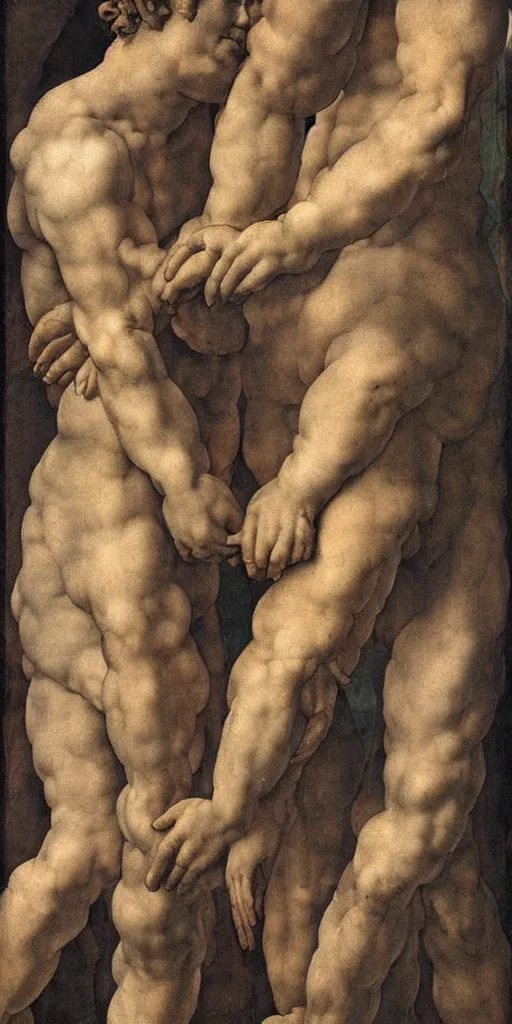 Prompt: two clothed men holding hands by Michelangelo