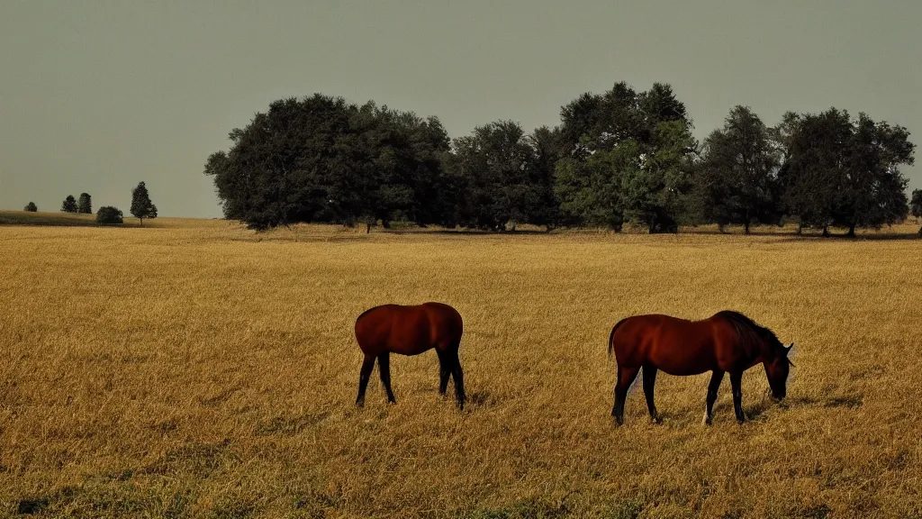 Prompt: a photo of hourses in a field. lark filter.