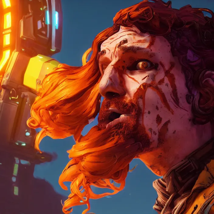 Image similar to glowwave portrait of curly orange hair man from borderlands 3, au naturel, hyper detailed, digital art, trending in artstation, cinematic lighting, studio quality, smooth render, unreal engine 5 rendered, octane rendered, art style by klimt and nixeu and ian sprigger and wlop and krenz cushart.