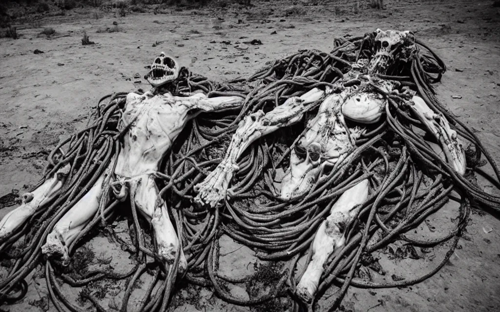 Image similar to in the desert a bloody gross horrifying the thing creature made of muscle and bone and blood stares at the camera, hundreds of black cables and wires wrap around the bodies, the drool comes out of the rotting bodies, eating, mid day, 3 5 mm photography, realistic,