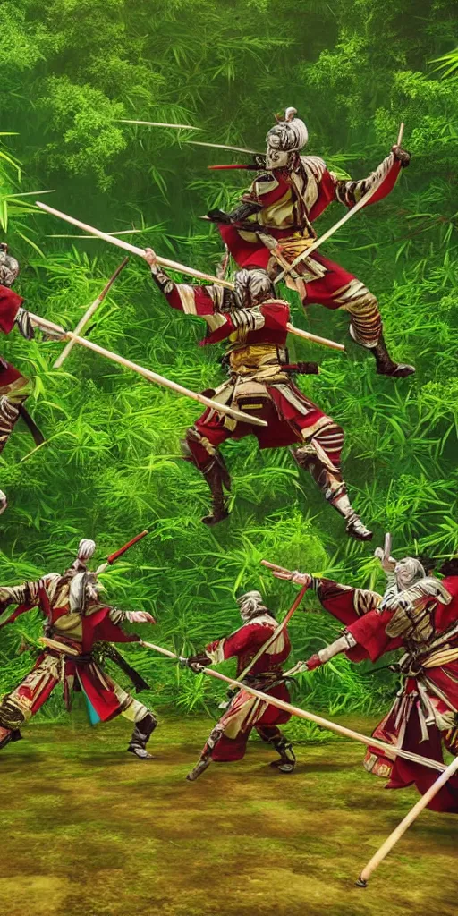 Image similar to samurais in colourful armor fight against each other in a bamboo forest, cinematic, epic pose, battle scene, render, unreal engine