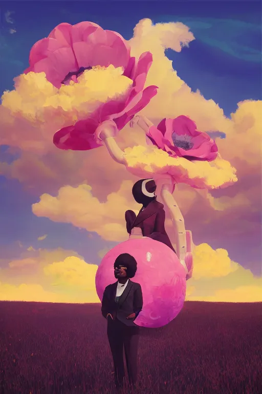 Image similar to portrait, giant flower as head, black woman in suit, surreal photography, golden hour, colorful clouds, impressionist painting, digital painting, artstation, simon stalenhag