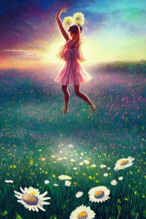 Prompt: giant white daisy flower crown, girl dancing in a flower field, surreal photography, sunrise, dramatic light, impressionist painting, colorful clouds, digital painting, artstation, simon stalenhag