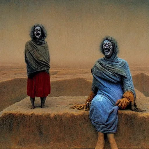 Image similar to Presidents of federal nation laughing at dying people from hunger. Beksiński style, depth of field, scary, HD, painting