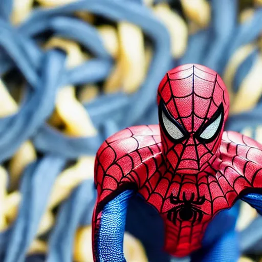 Prompt: close up zoom photo of spiderman eating noodles