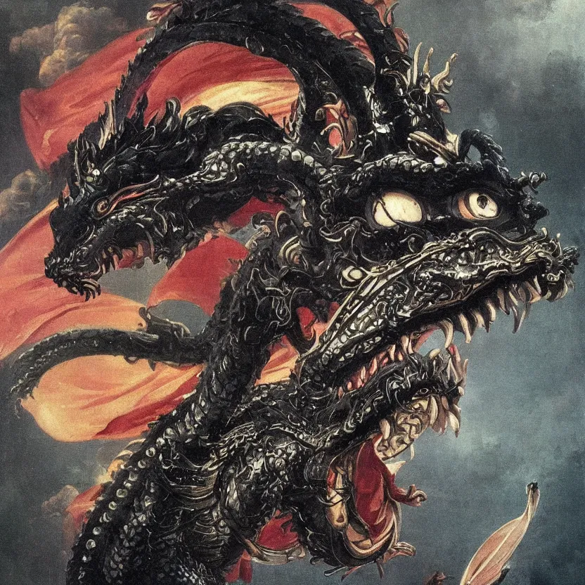 Prompt: a baroque neoclassicist close - up painting of of an iridescent black chinese dragon creature wearing venetian carnival masks. foggy background. renaissance portrait painting. highly detailed science fiction painting by norman rockwell, frank frazetta, and syd mead. rich colors, high contrast, gloomy atmosphere, dark background. trending on artstation.