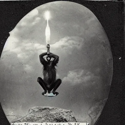 Image similar to 1800s photo of a monkey riding a missile through the sky