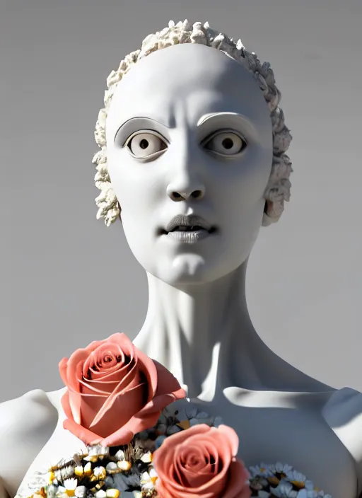 Image similar to slender biomechanical white marble statue holding perfume bottle made of corals, daisies, roses, well contoured smooth fair walls carrying perfume bottle, up close shot, sharp focus, global illumination, radiant light, alexandre ferra white mecha, irakli nadar, octane highly render, 4 k, ultra hd,