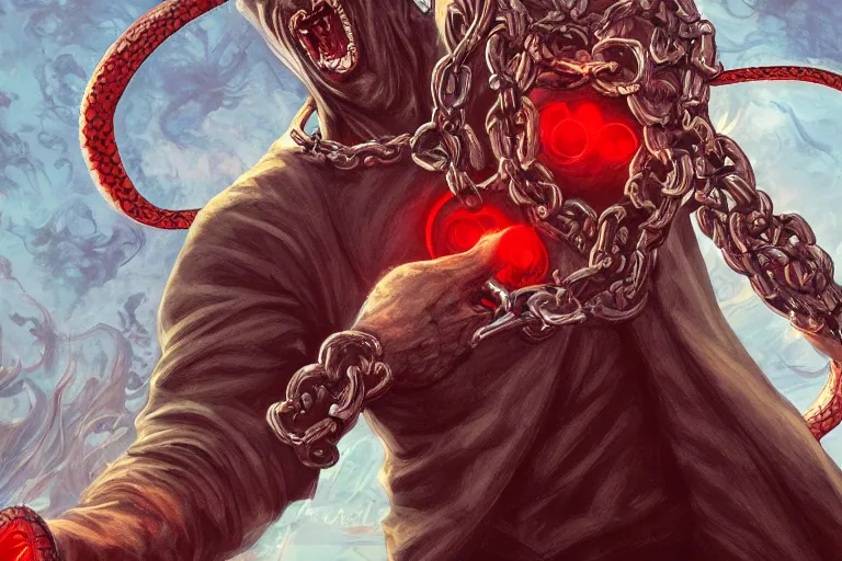 Image similar to lucifer, dark angel, hybrid human with snake, red eyes, chain, handcuffs, large chain, wide open mouth, scream, cruelty, sea bottom, light effect, highly detailed, artstation, concept art, matte, sharp focus, illustration, by dan mumford, yusuke murata, makoto shinkai, ross tran