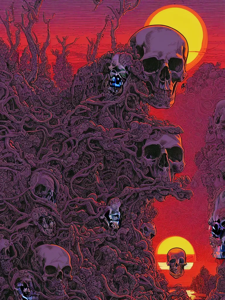 Image similar to Death's dreamscape by Dan Mumford, skull by Josan Gonzalez, sunset by Laurie Greasley, death skull, sunset