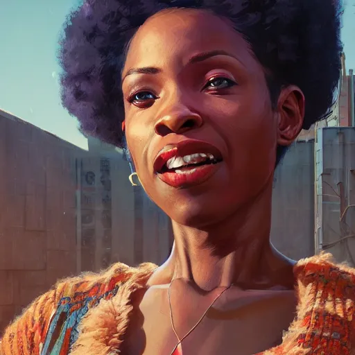 Image similar to highly detailed portrait of an african american woman in superhero costume in gta v, stephen bliss, unreal engine, fantasy art by greg rutkowski, loish, rhads, ferdinand knab, makoto shinkai and lois van baarle, ilya kuvshinov, rossdraws, tom bagshaw, global illumination, radiant light, detailed and intricate environment