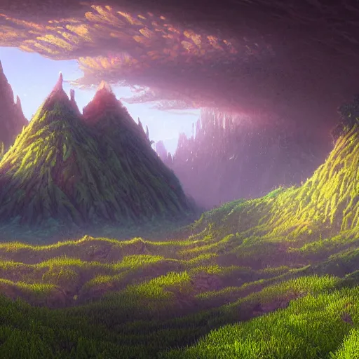 Image similar to A beautiful hyper realistic detailed matte painting of a microscopic world of algae with ridges similar to mountains with billions of glowing micro trees emitting a read and teal color by John Howe and Albert Bierstadt and Alena Aenami and dan mumford and dave noton, unreal engine, trending on behance