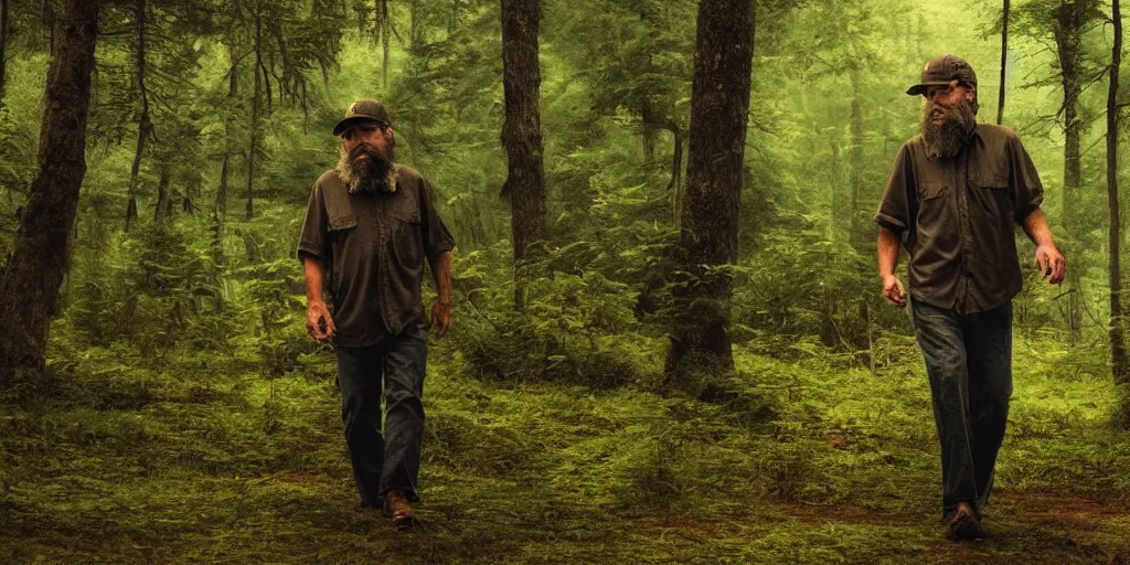 Prompt: stephen king film of a caucasian american bearded man alone in a lush green forest, wearing a baseball hat, japanese illustration, 1 9 8 0 s style, apprehensive mood, man is carrying a rifle, alone, matte illustration, apocalyptic vibes