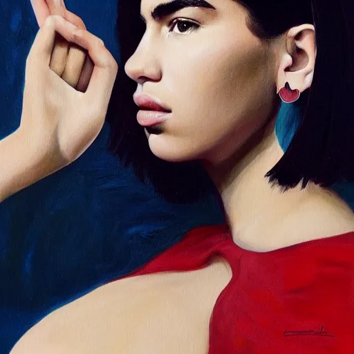 Image similar to dua lipa in a realistic painting, ultra realistic, very details, cinematic