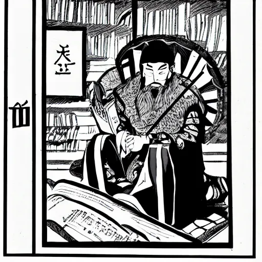 Prompt: genghis khan reading manga