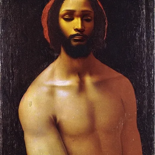 Image similar to painting of a black man as jesus by leonardo davinci