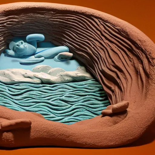 Image similar to claymation, 3 d clay sculpture of ocean waves, by nick park, aardman studios, made of clay, inspired by hokusai