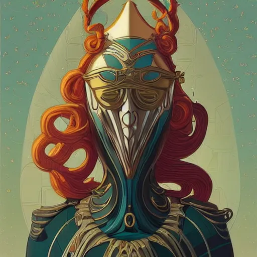 Prompt: portrait of a victorian duke, girl with a stylized mask, curvy, royal style, elite, gold, art deco, symmetry, stylized illustration by peter mohrbacher, moebius, victo ngai, vivid colorful comic style, line sleek, diesel punk