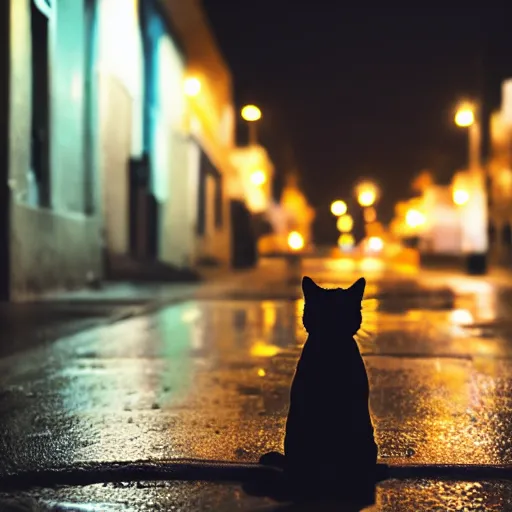 Prompt: Cat sitting on wet street corner with, glowing exclamation mark over its head, glowing exclamation mark over its head, high detail, 4k