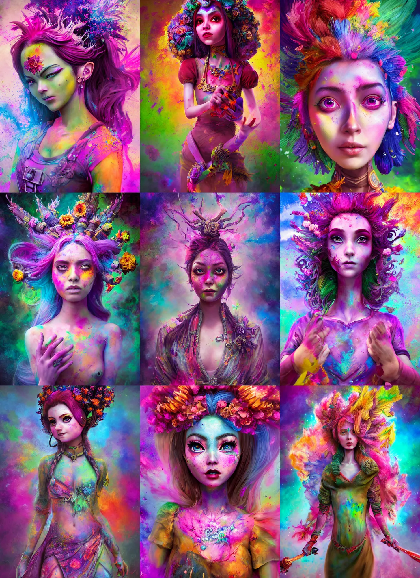 Prompt: An epic fantasy comic book style full body portrait painting of a very beautiful floral vibrant holi nebulapunk girl, character design by Mark Ryden and Pixar and Hayao Miyazaki, unreal 5, DAZ, hyperrealistic, octane render, cosplay, RPG portrait, dynamic lighting, intricate detail, cinematic
