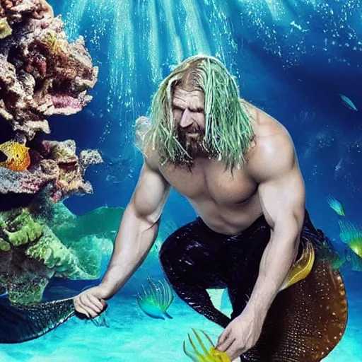 Prompt: triple h as mermaid, underwater scene, brushing his hair!!!