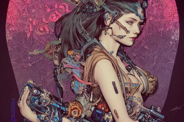 Image similar to comic book illustration, portrait of a very pretty girl with a joe fenton tattoo on her face, cyberpunk concept art by artgerm and Alphonse Mucha and Moebius, highly detailed, intricate, sci-fi, sharp focus, Trending on Artstation HQ, deviantart