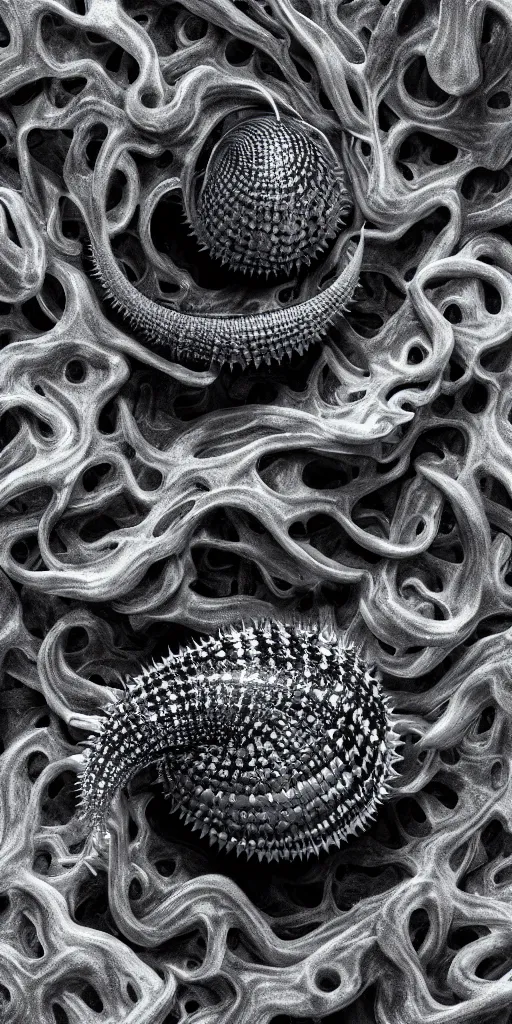 Image similar to a photorealistic render of a spiky mollusk, greyscale, made of melted plastic and marble, c 4 d, by zhelong xu and ernst haeckel, wide angle, hyper realistic, plain black background, 8 k, volumetric lightning, octane render