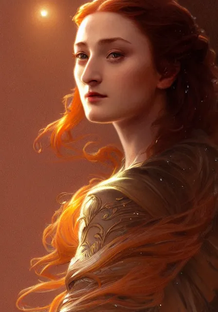 Image similar to sansa stark gold lights autumn sky sun, intricate, elegant, highly detailed, digital painting, artstation, concept art, smooth, sharp focus, illustration, art by artgerm and greg rutkowski and alphonse mucha and william - adolphe bouguereau