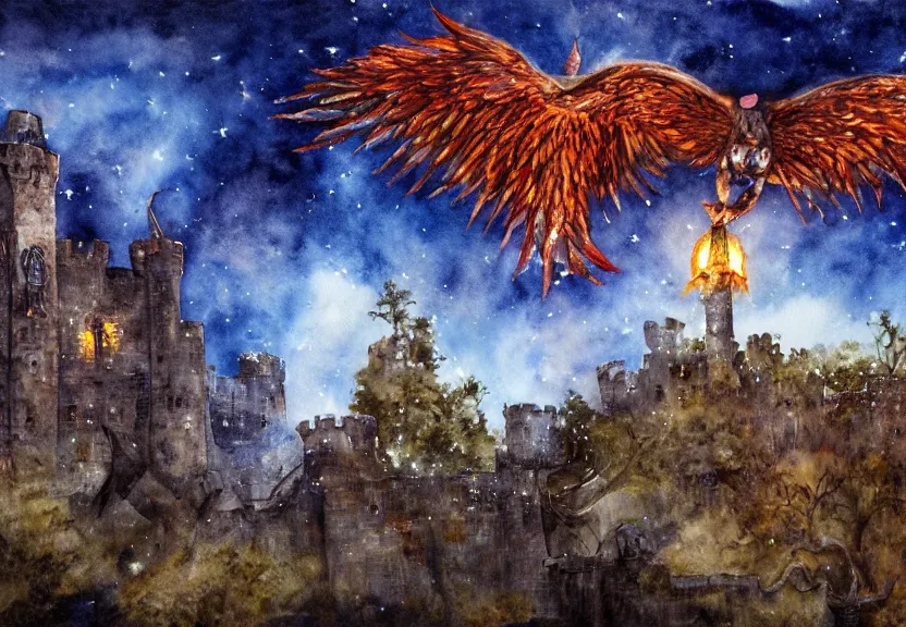 Image similar to legendary fire winged possum flying over a medieval forest castle at night under the dark starred sky, dark fantasy, watercolor, dreaming illusion, highly detailed, 4k, trending on Artstation