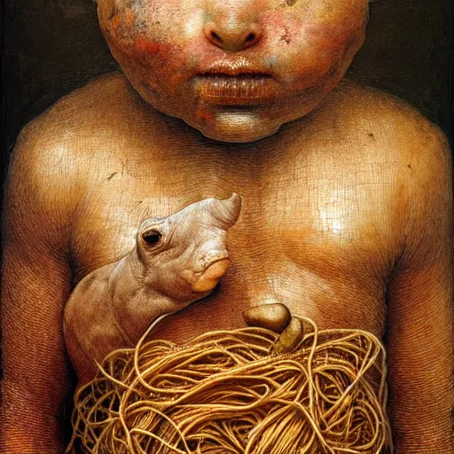 Image similar to half boy half rhino made of spaghetti, by giuseppe arcimboldo and ambrosius benson, renaissance, intricate and wet oil paint, a touch of beksinski, realistic